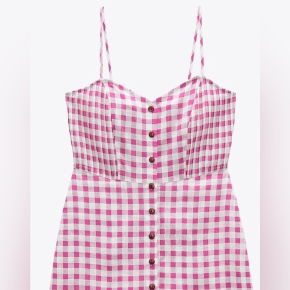 ZARA Pink Gingham Checked Buttoned Linen Playsuit Jumpsuit Dress - Picture 10 of 11